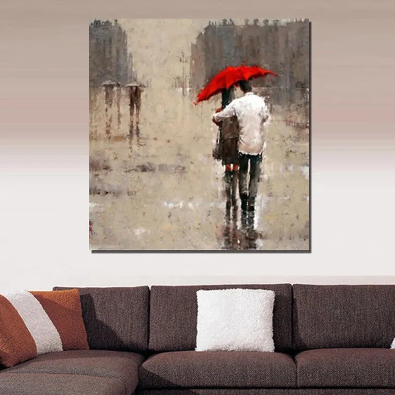 

Handmade Abstract Red Umbrella Oil Painting handmade Lovers Walking In Rain Landscape Painting On Canvas Wall Art For Home Decor