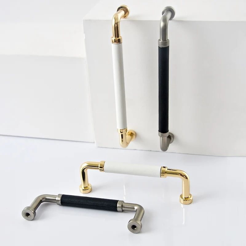 

black handles Zinc Alloy handles Pure Leather Covered Furniture Cabinet Door Handle and Knob