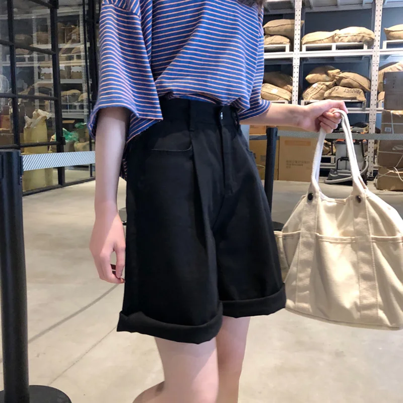 

Shorts Women Solid Color High Waist Wide Leg Trendy Harajuku Clothes Womens Summer Simple Girl Simple All-match Student Elegant