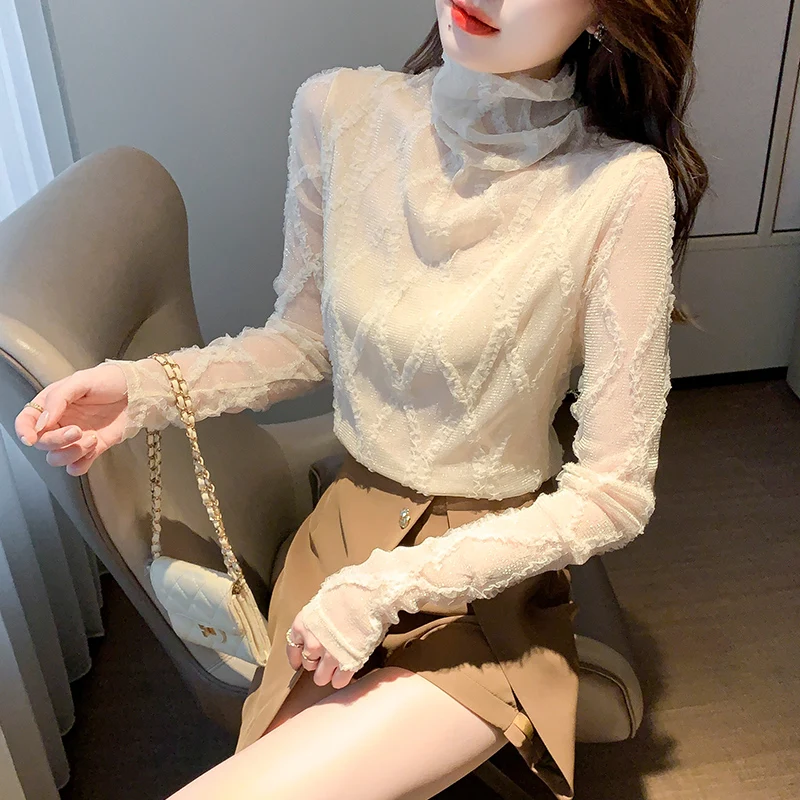 

Chikichi 2021 Autumn and Winter New Style All-match Slim High-neck Long-sleeved Lace Bottoming Shirt Women's Fashion Lace Shirt