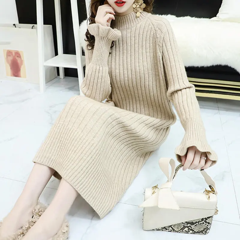 

Женское акриловое платье, с высоким воротником и длинным рукавом, однотонное, свободное, плотное, в Корейском стиле, повседневное, для весны ...