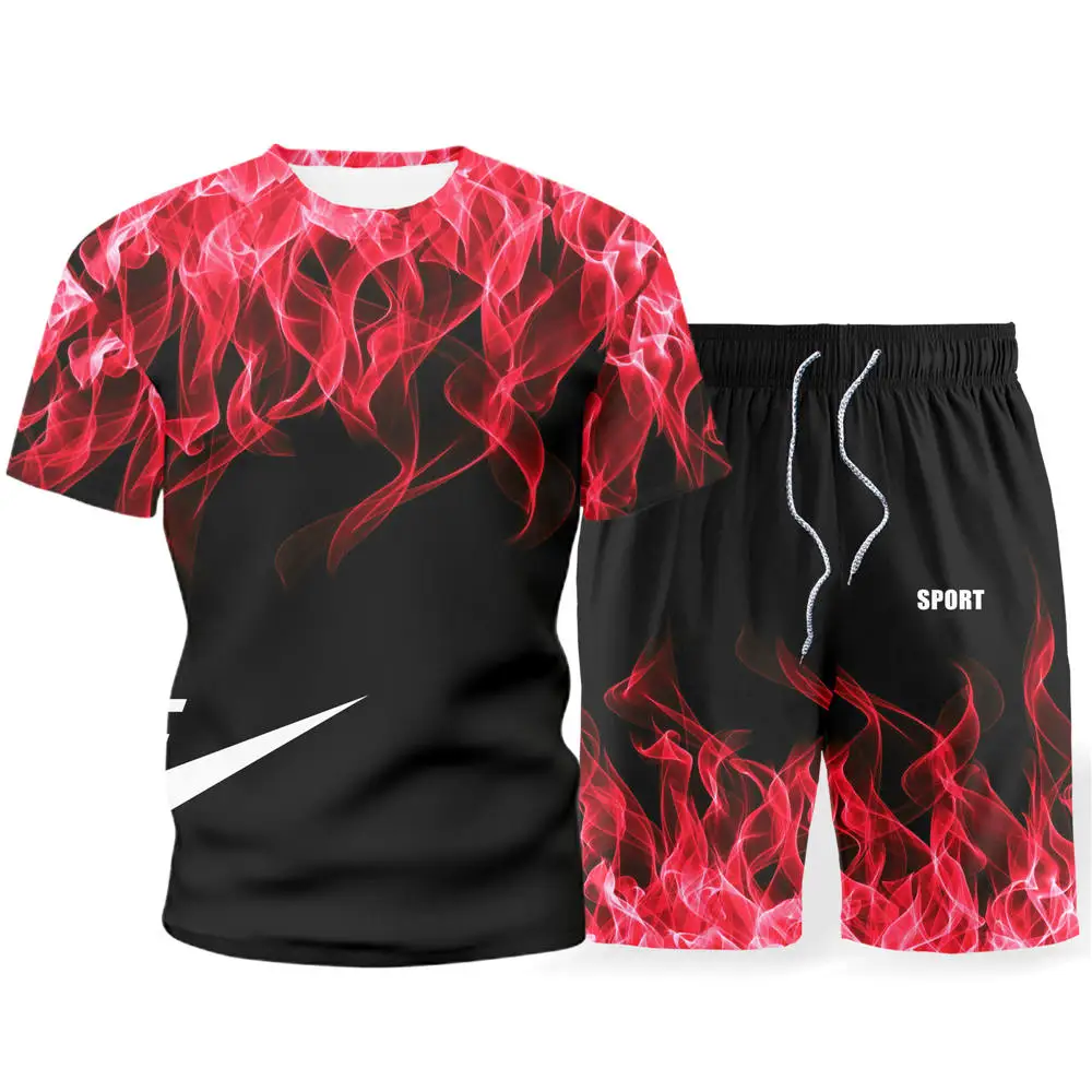

Новинка 2021, летние мужские комплекты, футболка и шорты, красивые пляжные шорты в стиле хип-хоп с круглым вырезом и красивым пламенем, мужские...