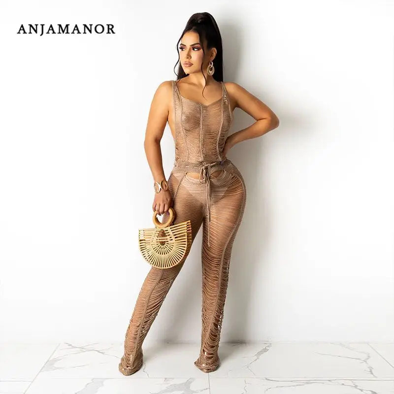 

ANJAMANOR пляжная крючком вязаный дутый комбинезон Женская одежда лето 2021 сексуальное для отдыха наряд из одного предмета D62-EB30