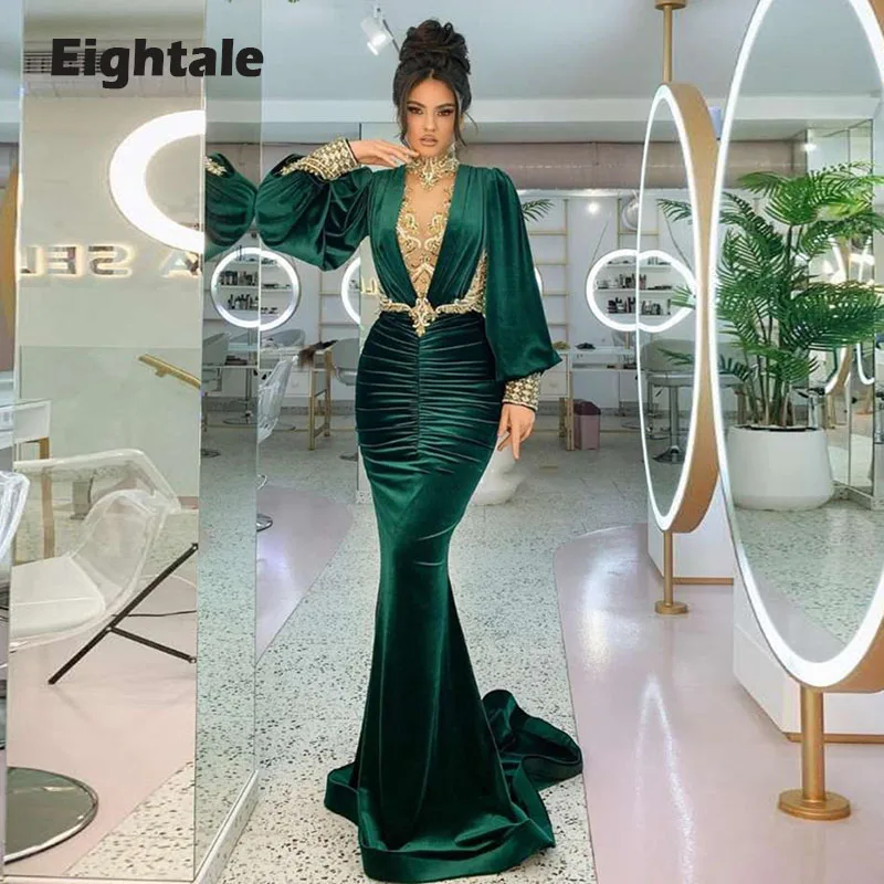 Вельветовое платье-Русалка с пышными рукавами и золотыми бусинами | Свадьбы