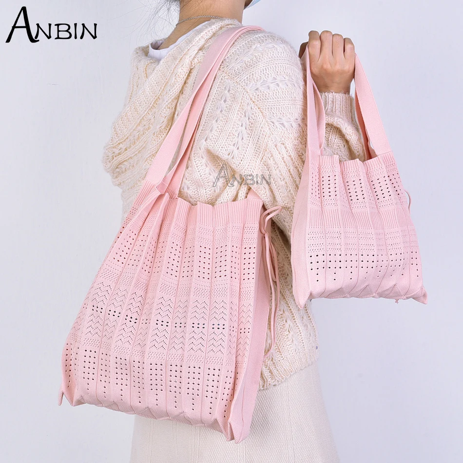 

Women's Bag Wool Knitting Organ Shoulder Bags Pleated Fold Bow-Knot Design Candy Colors Hollow Large Capacity Handbag For Women