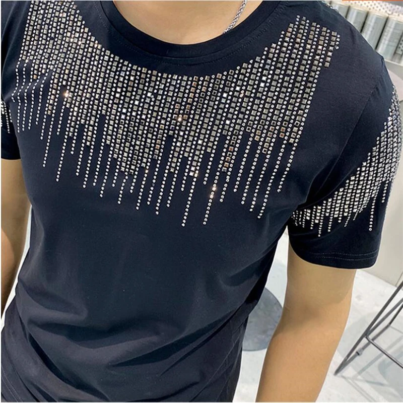 

Men's high quality brand design striped rhinestone T-shirt short sleeve fashion street O-neck slim cotton