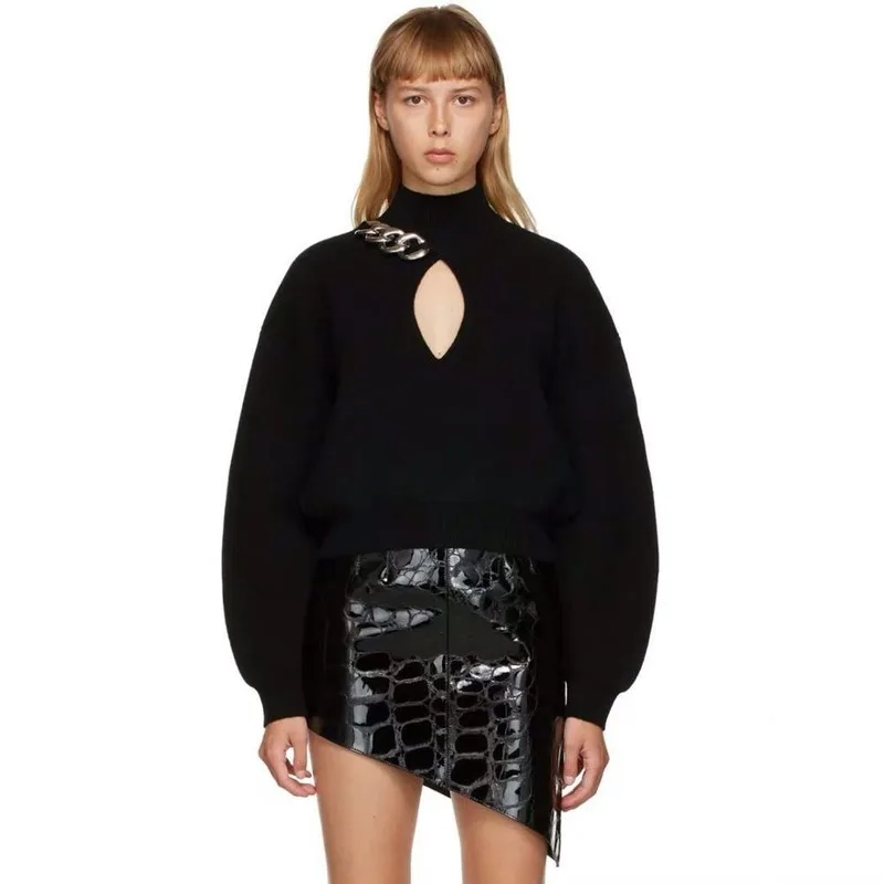 

Sexy Hollow Out Chain Turtleneck Sweater Autumn Winter Clothes Long Sleeve Black Knitted Pullovers Ladies Elegant Tops Jumper