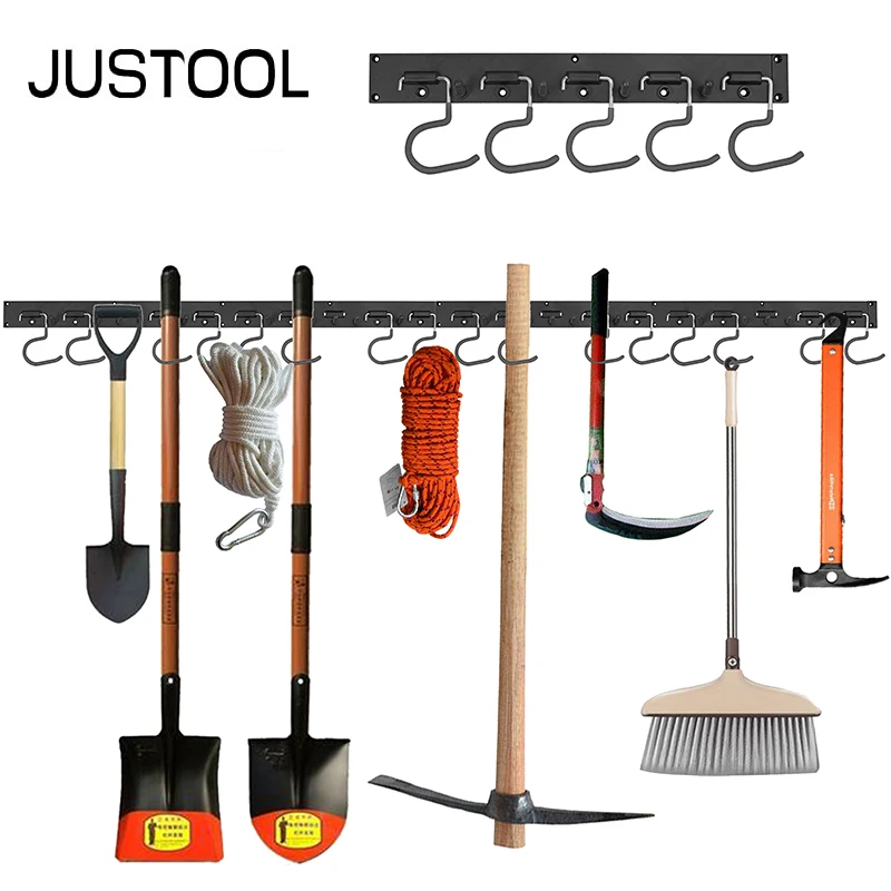 

Регулируемая система хранения инструментов JUSTOOL 64 дюйма, 16 крючков, настенный держатель, стеллаж для хранения в гараже, настенный держатель
