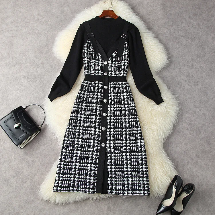 

Женская одежда в европейском и американском стиле, зима 2022, новинка, свитер с длинными рукавами, вязаное клетчатое платье с поясом, модное пл...