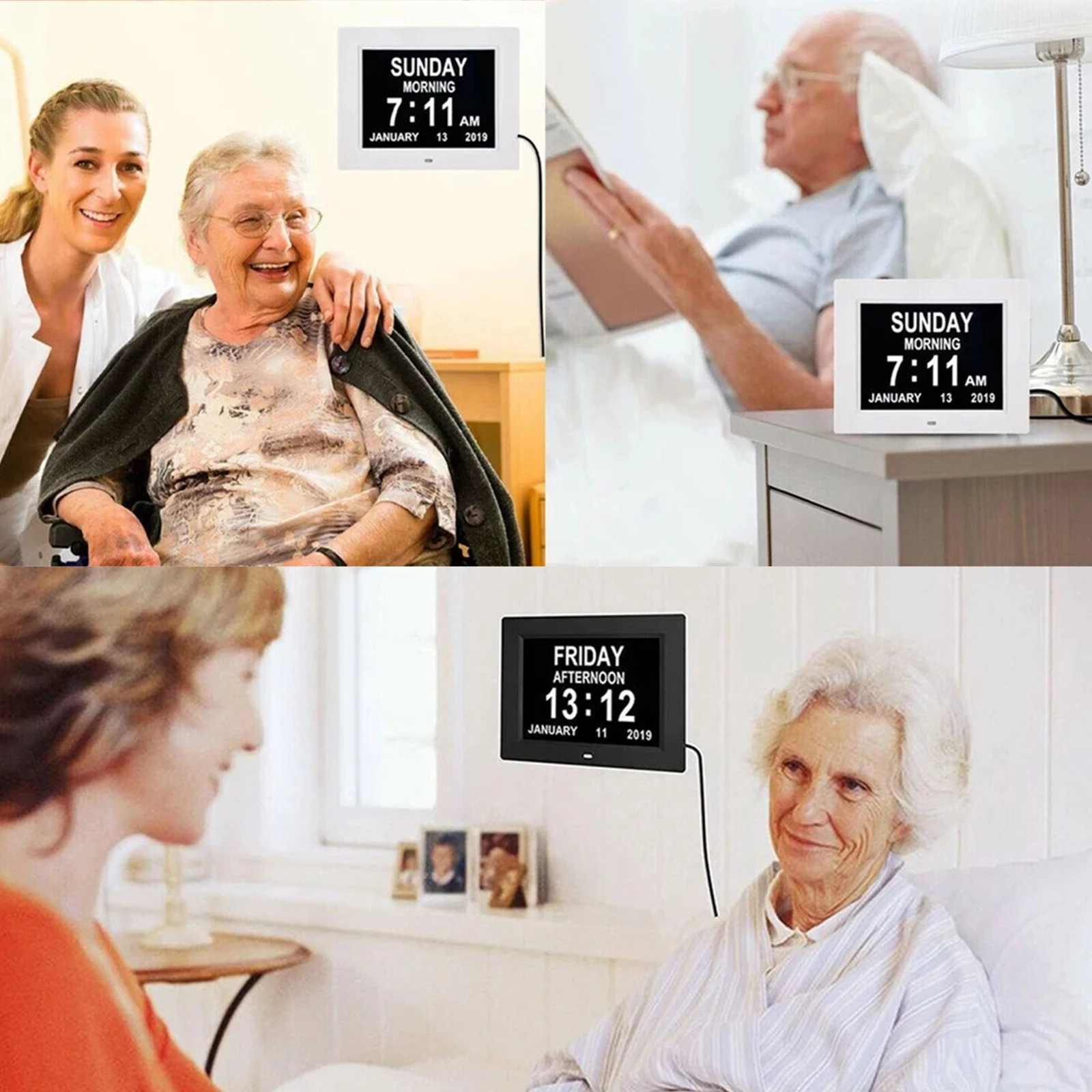 

8" 8 Languages Digital Day Clock LED Calendar Day/Week/Month/Year Electronic Alarm Clock For Impaired Vision People Home Decor