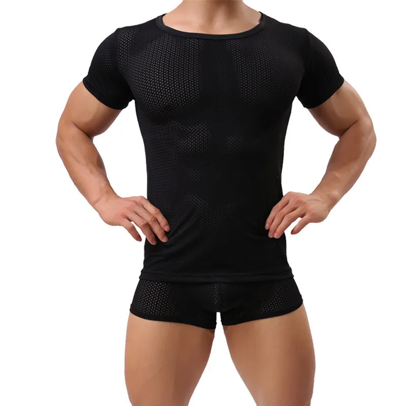 Sexy Undershirts Mens Clothes Set Breathable Shirt Men Underwear Set Male Undershirts Fitness Tops Pajamas Boxer Shorts