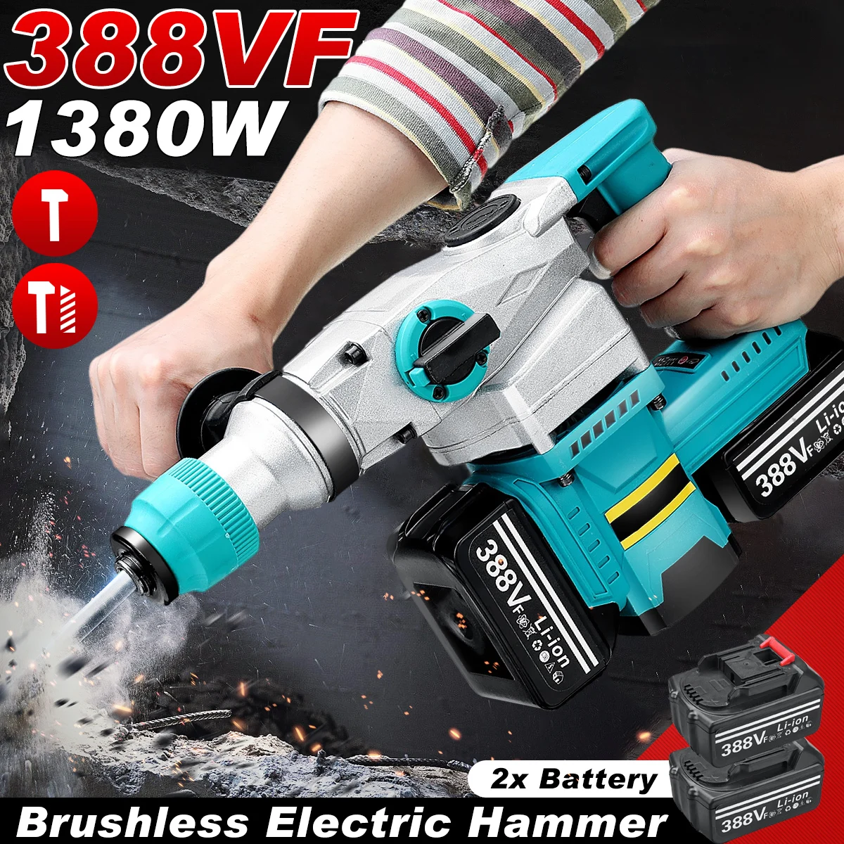 

388VF Brushless Electric Rotary Hammer Rechargeable Multifunction Electric Hammer Impact Power Drill Tool For Makitay Battery