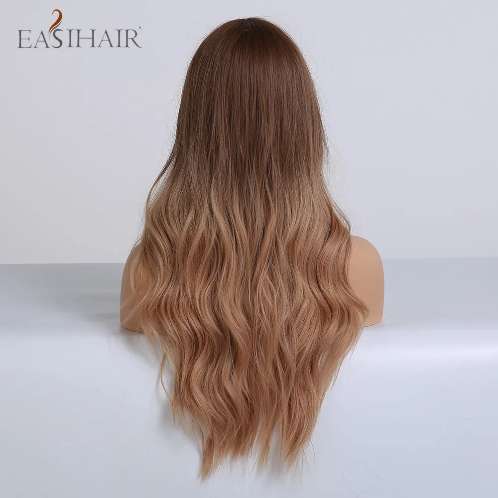 EASIHAIR Water Wave Ombre Black Brown Long Synthetic Wigs Female Middle Part Heat Resistant for Women African American | Шиньоны и