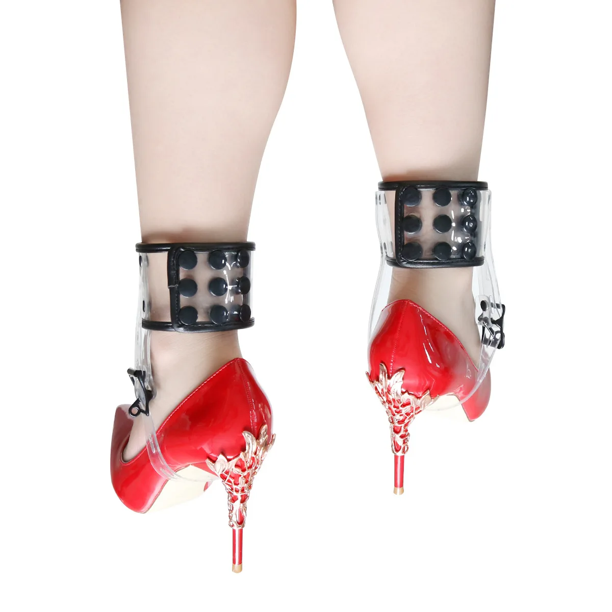 1 пара ПВХ высокие каблуки фиксирующий пояс с манжетами на лодыжке для БДСМ