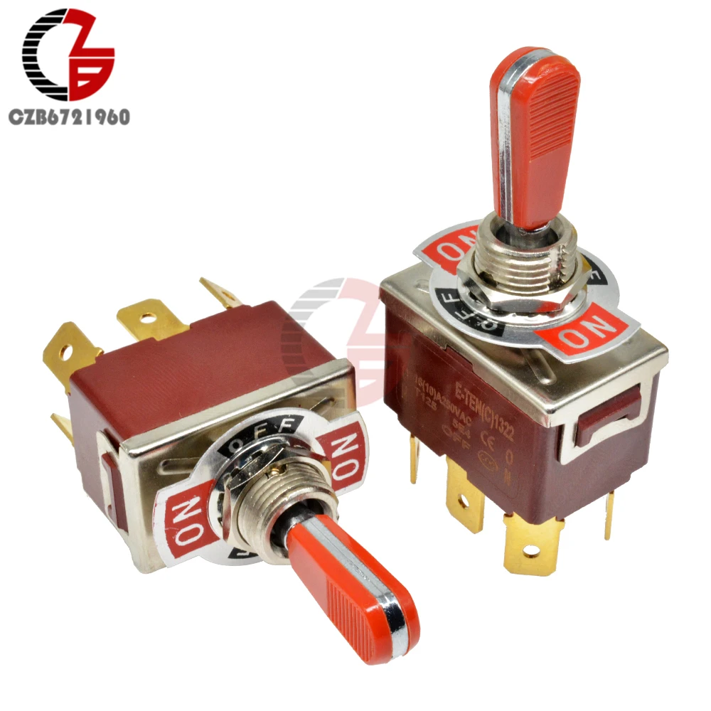 

E-TEN(C) 1322 Red Shaft Toggle Switch 31.5*19.5MM Red 6Pin On-Off-On Switch Silver Contactor 250V 16A for Car Speaker PC