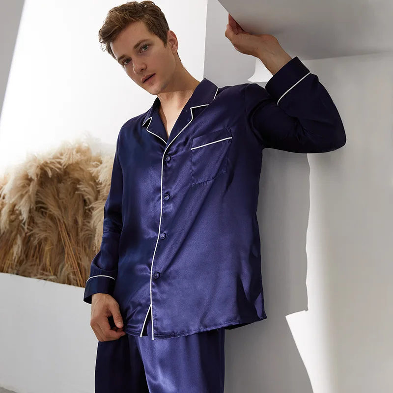 Men's Long Sleeve Trousers Silk Pajamas Set Summer 100% Mulberry Silk Home Clothes AvailableM Ale