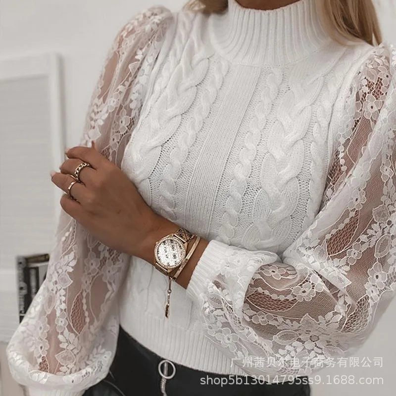 

WEPBEL Women's Casual Long Sleeve Turtleneck Sweater Autumn Fashion Slim Lace Stitching Solid Color Knitted Sweater
