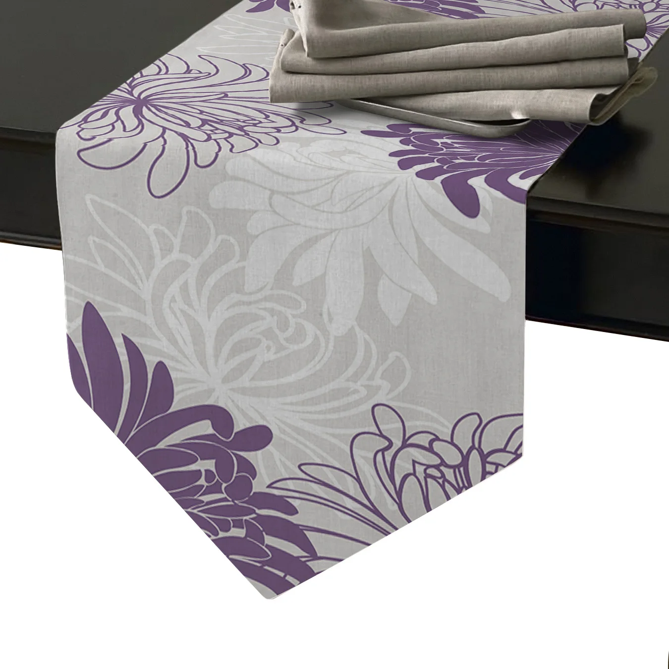 Фиолетовая белая скатерть с хризантемами настольная дорожка флагом украшения