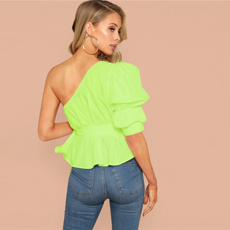 SHEIN Однотонный Топ На Одно Плечо С Пышными Рукавами И Поясом Женская Летняя Белая Элегантная Блузка С Средним Рукавом
