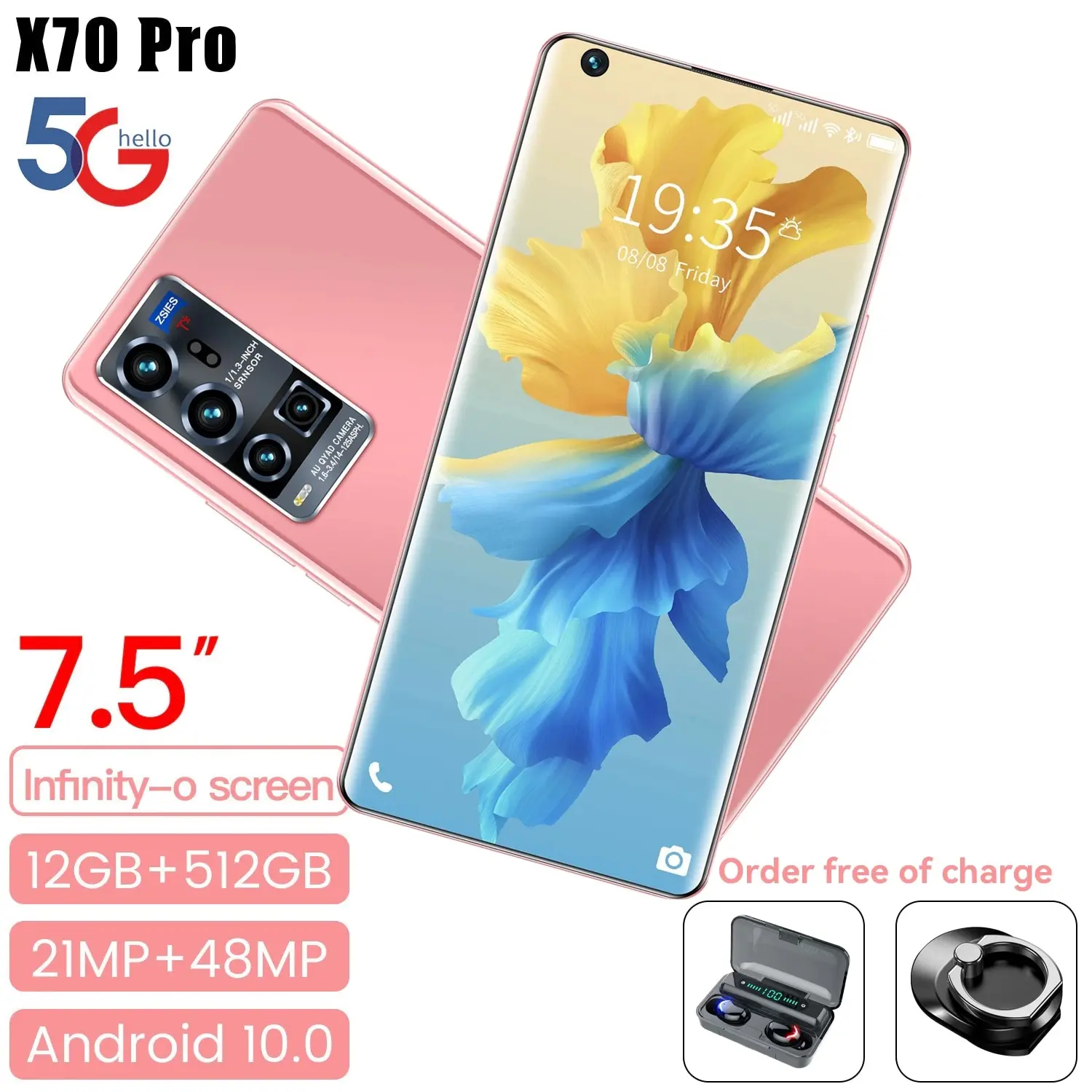 

7.5 Inch HD Screen 5600mAh Smartphone New Galxy X70 Pro 21+48MP MTK6799 10 Core Mobilephone Double SIM Face Unlock Android 10