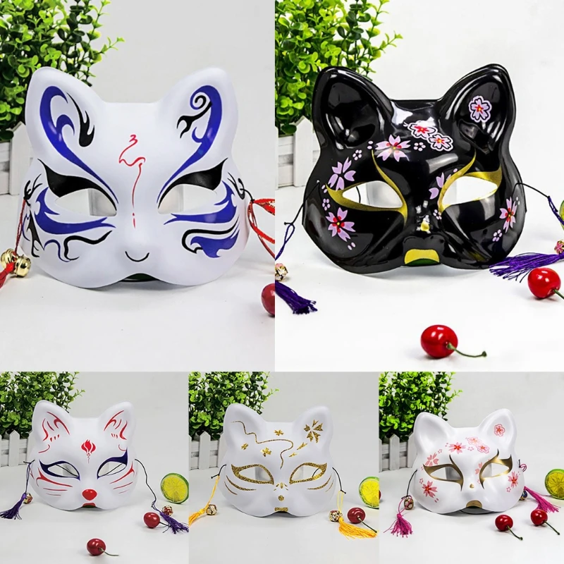 

Japanese Animal Cat Half Face Mask with Tassels Small Bells Hand-Painted Cosplay Anime Masquerade Party Dress Up