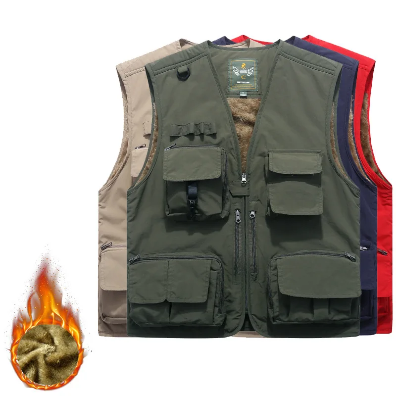 

Осенне-зимний кашемировый жилет, жилет с несколькими карманами, репортер, уличный теплый хлопковый жилет, рыболовная куртка, хлопковая флис...