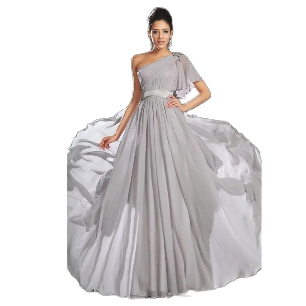 

Free Shipping Zuhair Murad Gray One Shoulder Bridesmaid Dress Long Chiffon Formal Gown a-line Floor Length