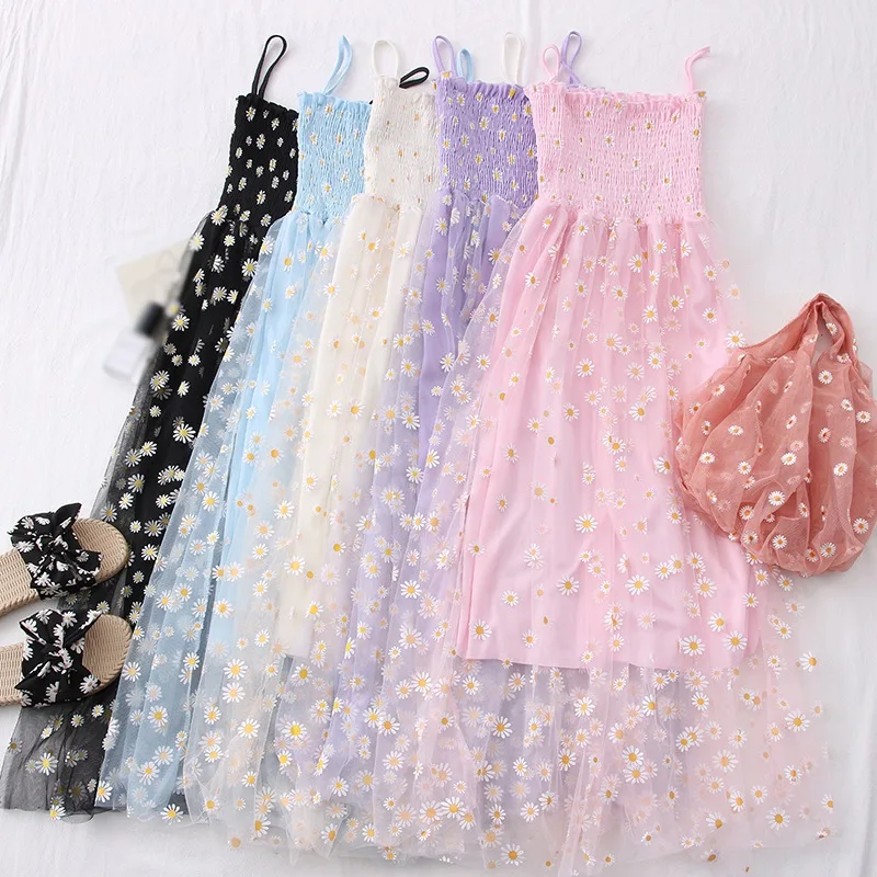 

Fashion Korean Daisy Flower Print Mesh Dress for Women Two Layers Spaghetti Strap Vacation Dress Vestidos