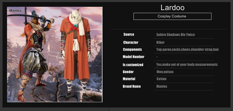 Sekiro Shadows Die Twice Costume Sekiro; Карнавальный костюм для взрослых; карнавальный костюм на Хэллоуин, Рождество, карнавал; вечерние туфли-сабо