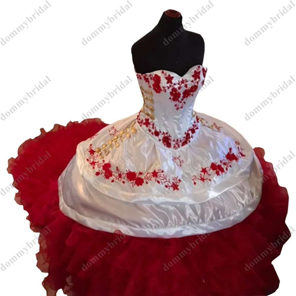 

Новое поступление красная Цветочная вышивка и белая атласная органза с оборками Пышная юбка бальное платье для женщин Quinceanera XV Мексиканска...