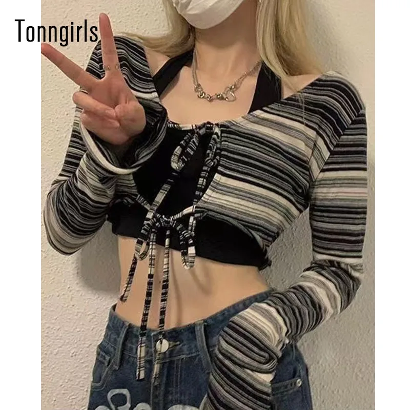 Кроп-топ Tonngirls с принтом краски на завязках 2 предмета Женская Повседневная