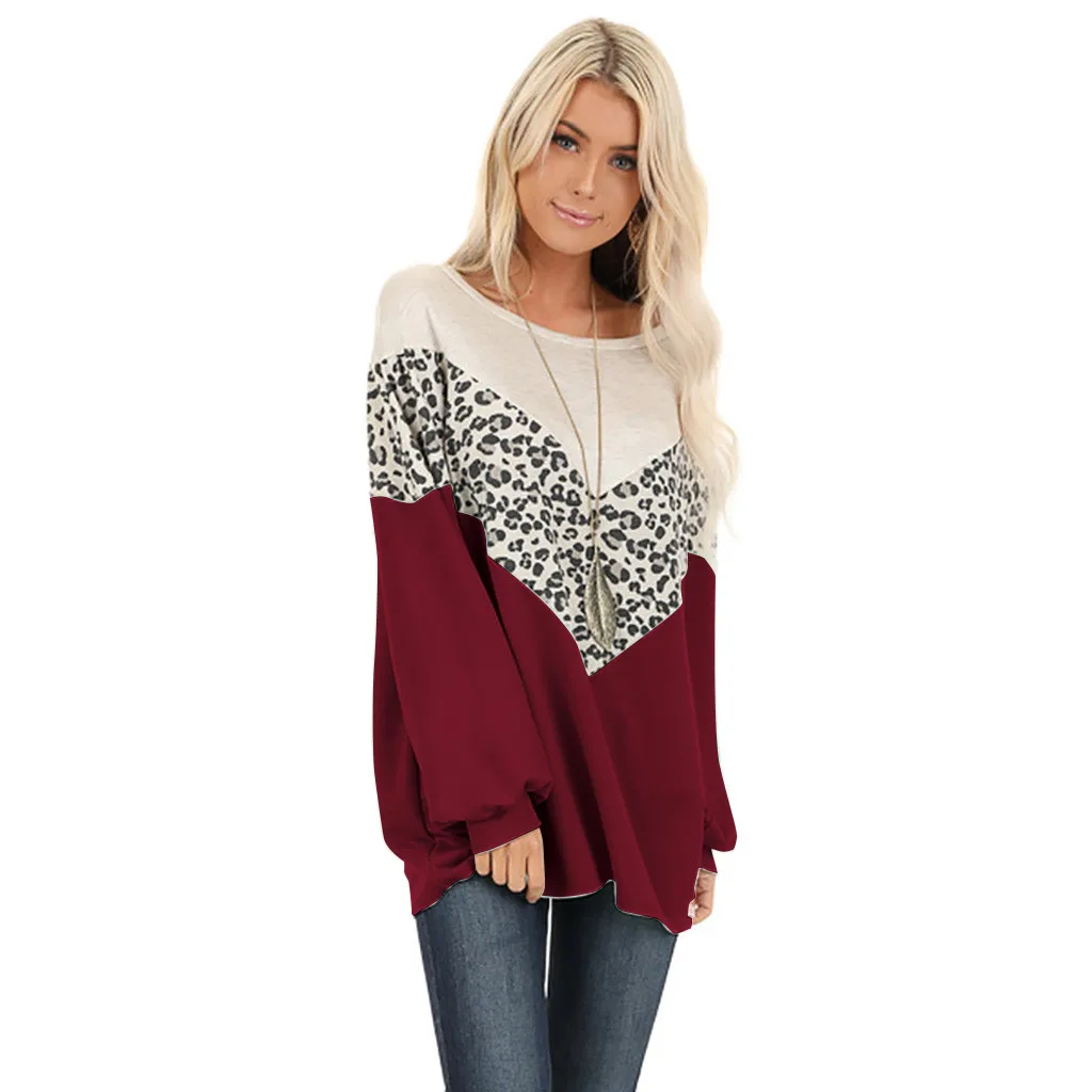 Женская леопардовая блузка с длинными рукавами повседневные свободные топы в
