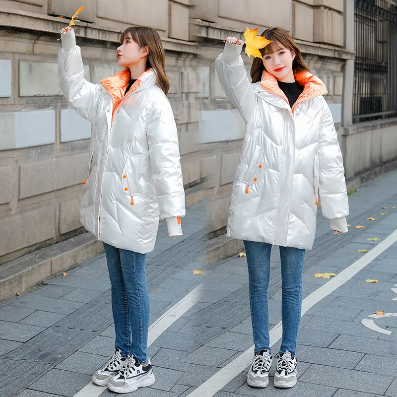 Winter Clothing for Women  Jacket Glossy Korean Version Loose Long Stand-up Collar Cotton Bread Service