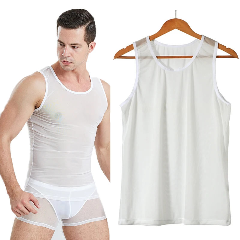 

Sexy Men Undershirts Mesh Transparent Breathable Muscle Shapers Fitness Vest Loose Casual Sleepwear Male See Through Tanks Tops