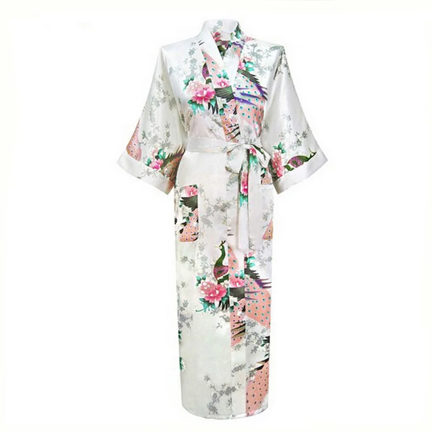 

Long Style Loose Japanese Satin Peacock Woman Yukata Dress Sleepwear Oriental Kimono Haori Chinese Qipao Nightgown Robe