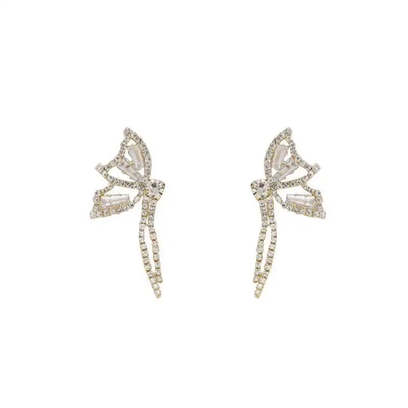 

Super fairy butterfly zircon rhinestone tassel earrings Hong Kong style asymmetric net red earrings