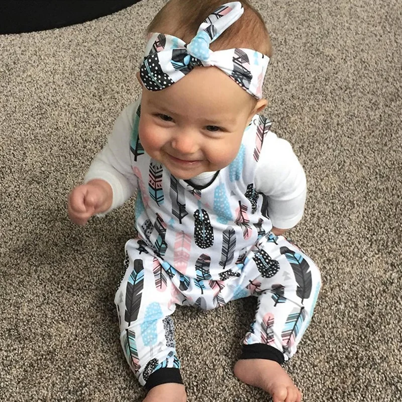 

New 2pcs Set Newborn Baby Girls Summer Feather Print Rompers +headhand Baby Girls Jumpsuit Clothes Outfits Baby Summer Clothing