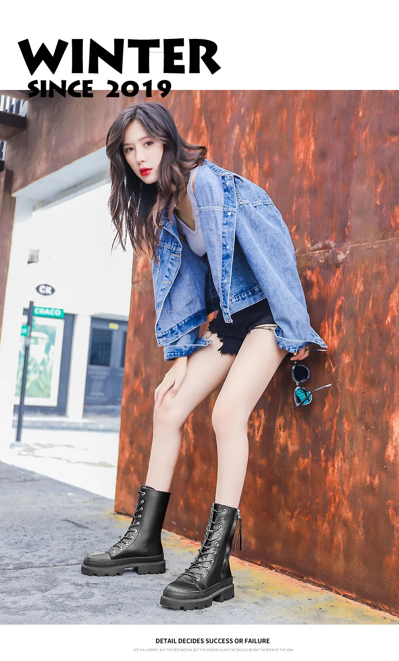 Winter Genuine Leather Chunky Motorcycle Boots Women Autumn Fashion Round Toe Lace-up Combat Military Boots Ladies Shoes