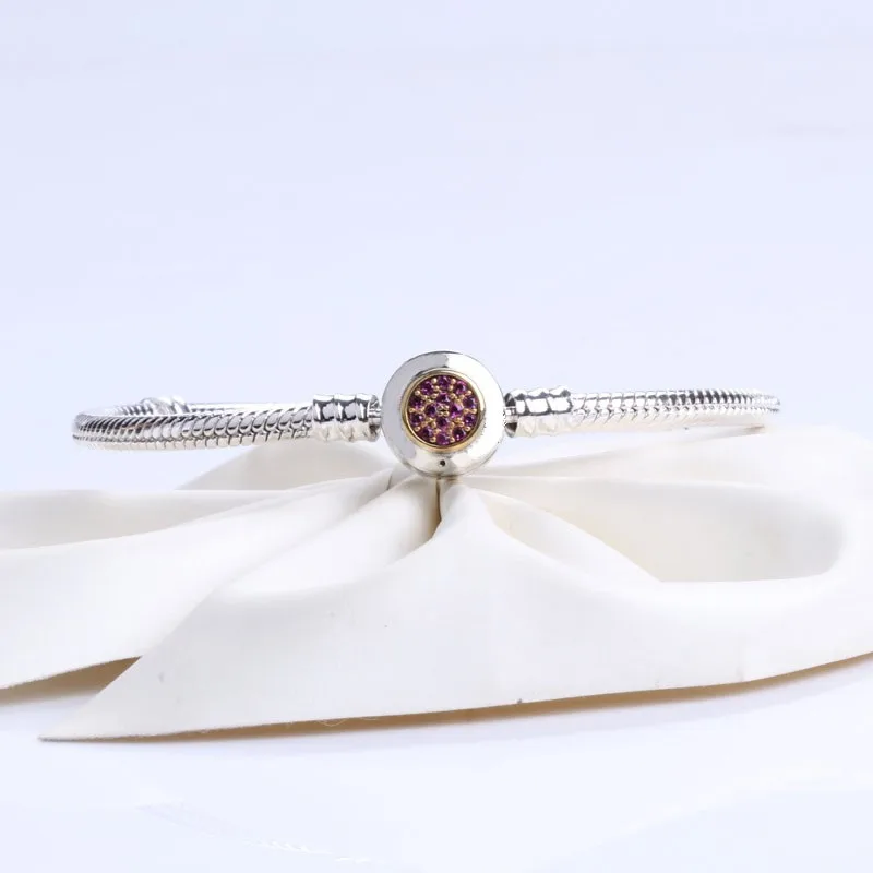 

100% 925 Silver Pan Bracelet Shiny Round Pan Bracelet With Crystal Buttons Fit European Charm Bracelets Women Jewelry