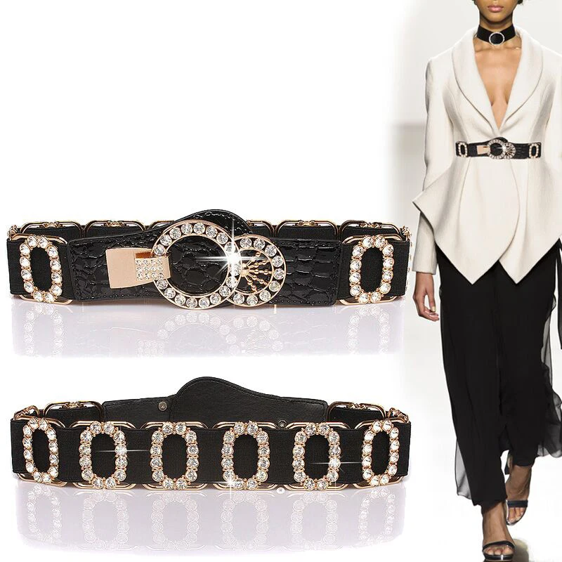 

2021 Black Wide Leather Rhinestone Belt Women Crystal Embellished Ring Buckle Cinch Waist Belts White Ladies Wedding Dress Belt