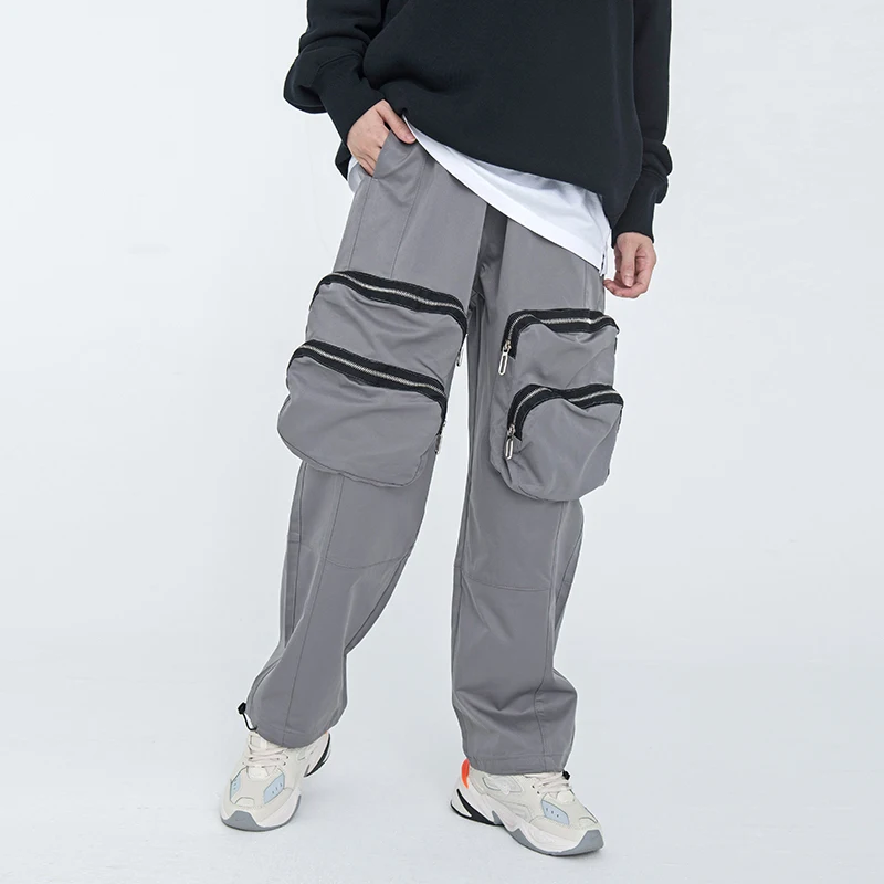

Front Zipper Pockets Drawstring Mens Cargo Pants High Street Retro Black Straight Oversize Casual Overalls Baggy Overalls