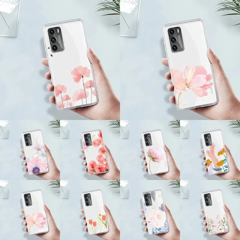 

rose Phone Case Transparent For Huawei MATE P 40 30 20 10 pro plus lite X 5G Soft TPU Clear Mobile bags