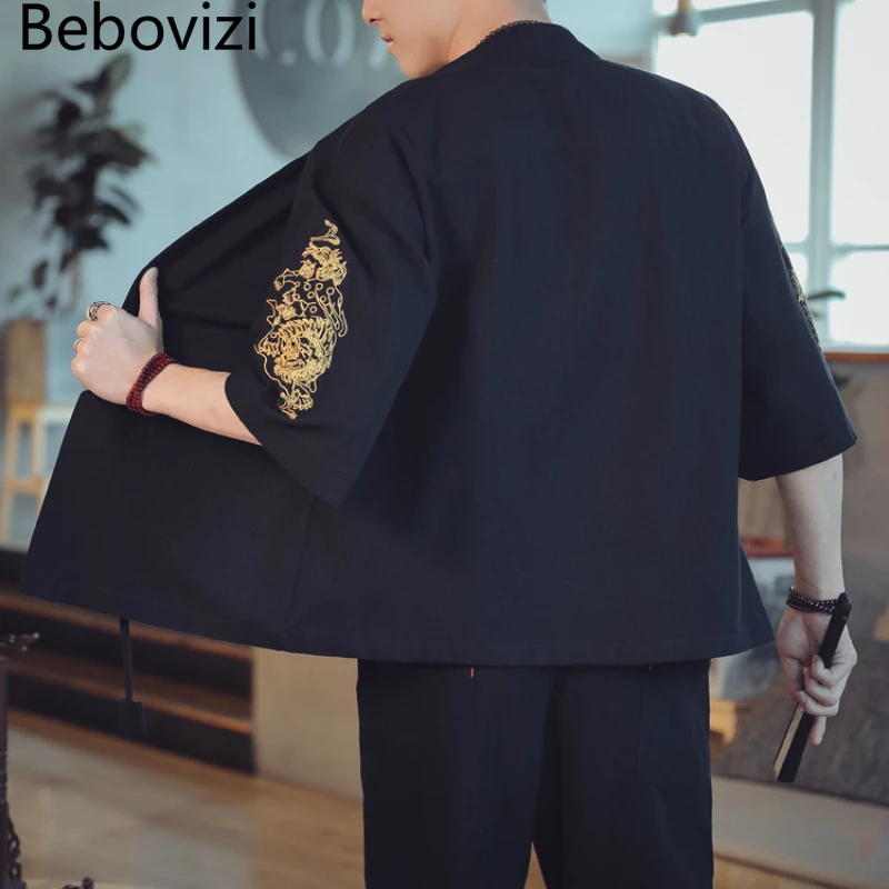 

Bebovizi Cotton Chinese Dragon Embroidery Kimono Men Cardigan Top Summer Loose Japanese Black Jackets Coat Haori Asian Clothing