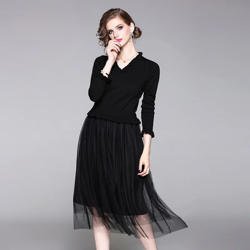 Женское длинное платье из тюля с V-образным вырезом и оборками | Женская одежда