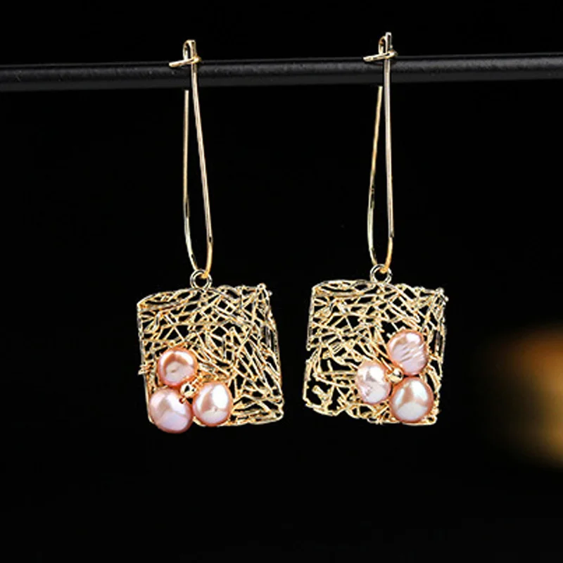 

Pink Freshwater Pearl Earrings Square Shaped Drop Dangle Earring For Women Wedding Party Jewelry Gift Gold Color Accessories New