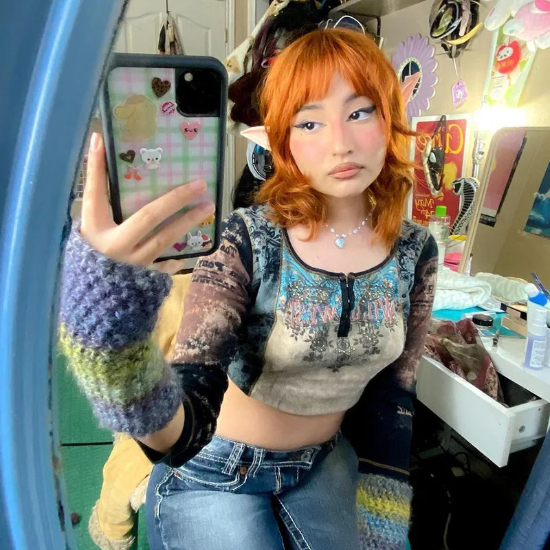 

Женская Винтажная футболка в стиле гранж с принтом Стразы в стиле пэчворк Y2k на пуговицах с круглым вырезом и длинным рукавом укороченный то...