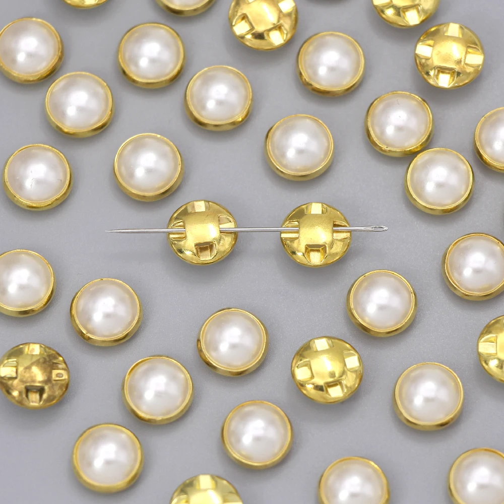100Pcs Round Pearl Buttons Sew For Clothes Sliver Gold Setting Metal Button Buckle Dresses 6/7/8/9/10/12MM | Дом и сад