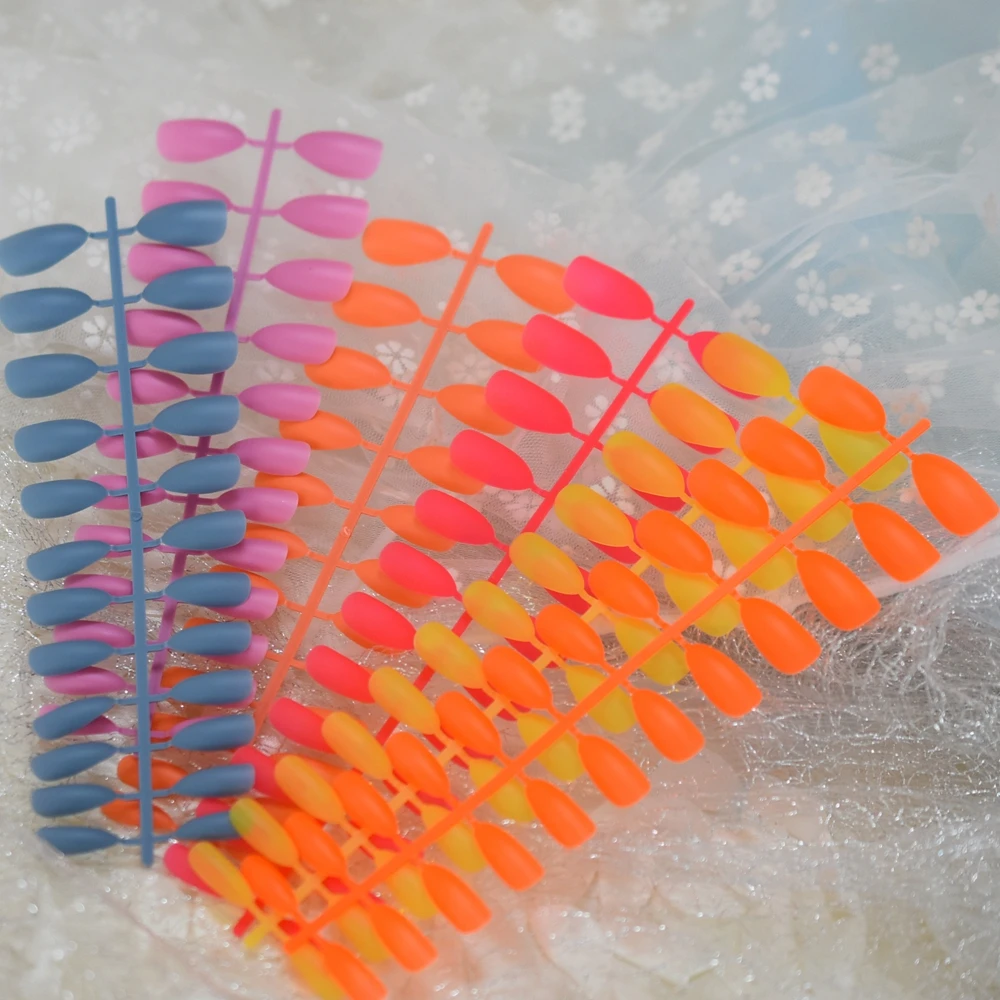 

3 Kits Strip Nail Art Tips Neon Color Matte Frosted Stiletto Fake Nails Medium Size Carnival Summer Color Fingernails