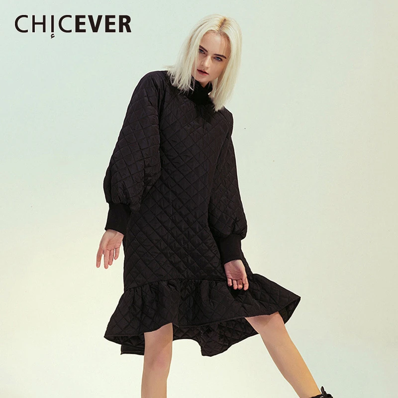 CHICEVER Лоскутные Платья с оборками для женщин воротник стойка фонарь длинный рукав