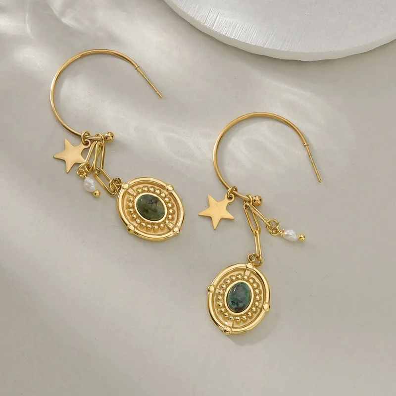 

Vintage Gold Dangle Earrings For Women Little Natural Stone Stainless Steel Versatile Pearl Earrings